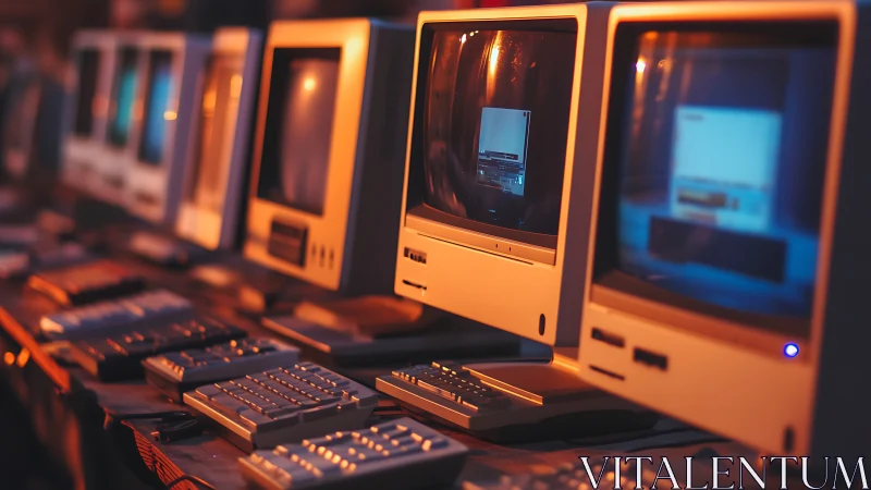 Row of vintage CRT desktop computers sits illuminated