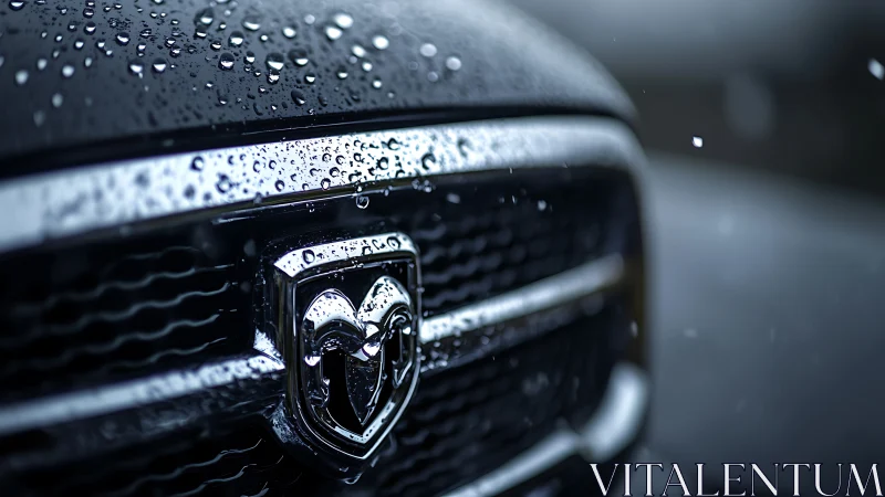 Hydrophobic droplets on chrome vehicle grille emblem macro study.