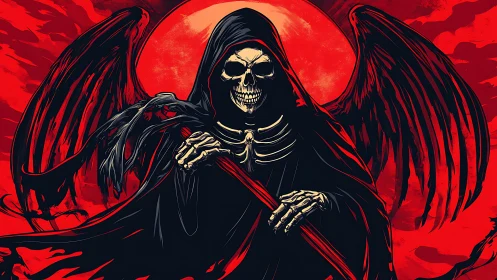 Winged skeletal reaper with scythe before circular red sun.