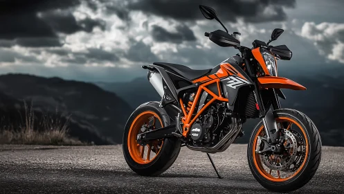 High-contrast streetfighter motorcycle under turbulent mountain sky.