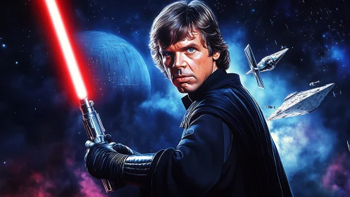 Jedi warrior with red lightsaber in deep space battle