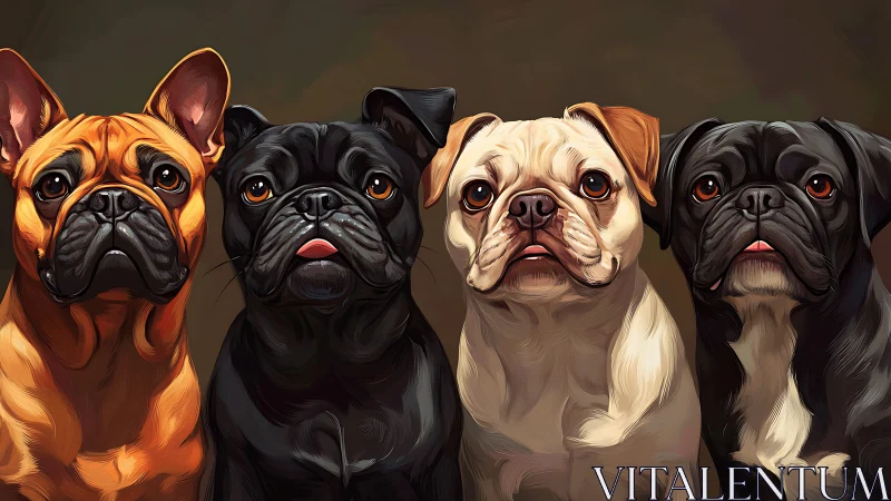 Digital painting portrait of four expressive pug dogs in line.