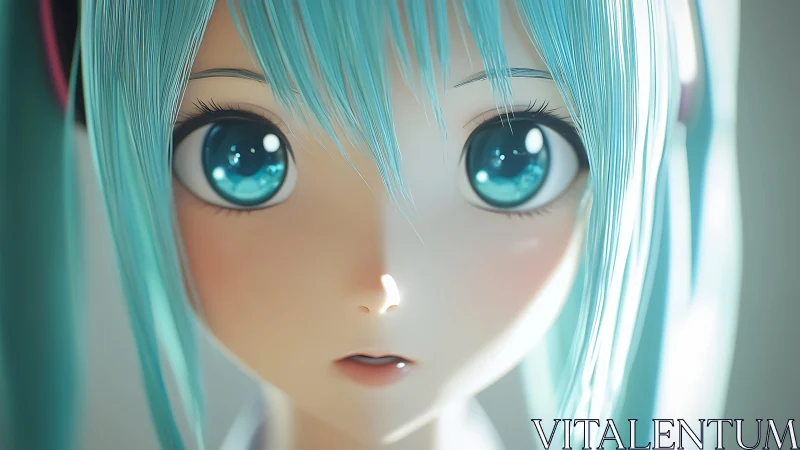 Blue-haired anime girl gazes ahead with luminous eyes.