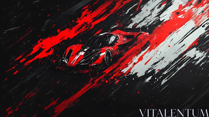 Dynamic digital painting of red racing car in motion field.