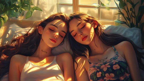 Two women rest peacefully in golden sunlight streaming through windows.