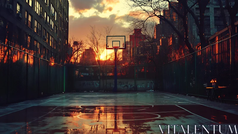Empty wet basketball court reflects city sunset light clearly