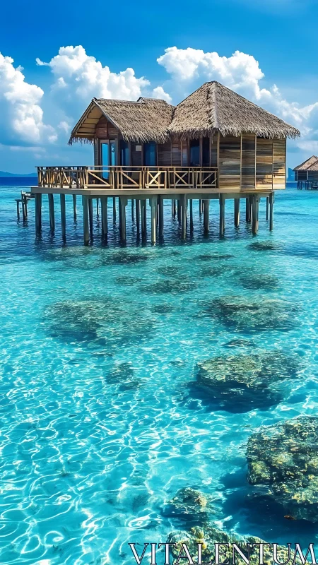 Overwater Thatched Bungalow Resort Architecture in Tropical Lagoon.