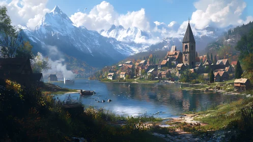 Mountain lake village under crisp autumn light panorama.