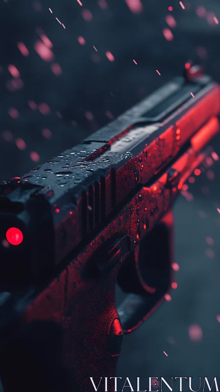 Pistol glows under neon rain with cinematic close focus.