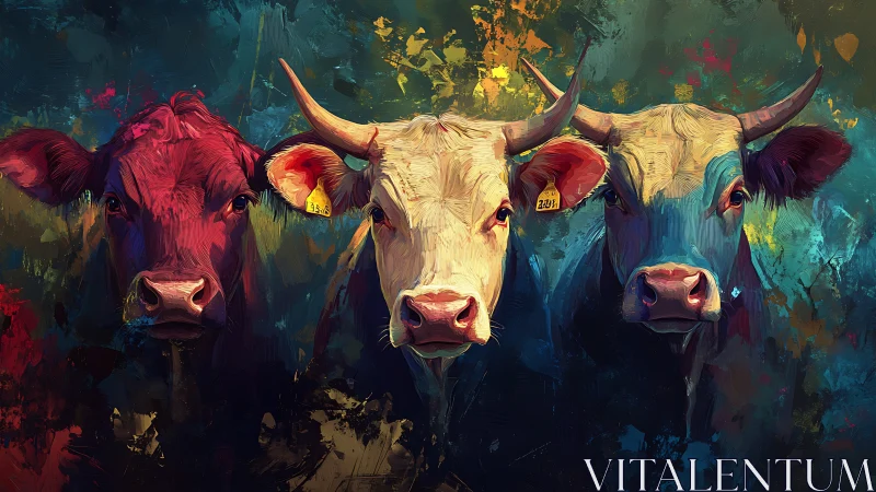 Colorful trio of curious cows share a bold painted moment