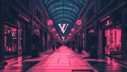 Neon lit luxury arcade extends under glass vaulted ceiling