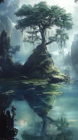 Emerald world tree gazes into a dream-bright mirrored lake.