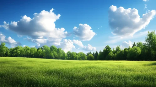 Open grass field extends toward dense tree line under clouds