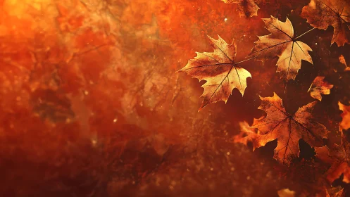 Golden autumn maple leaves drift gently in warm light