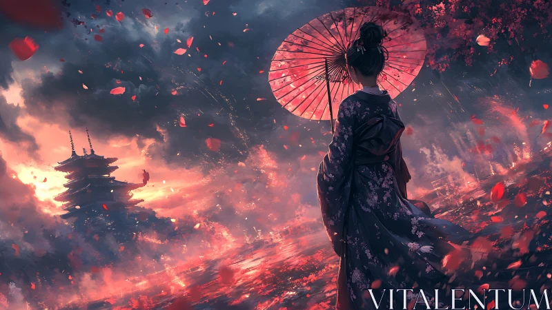 Woman with parasol near pagoda in stormy dusk landscape.