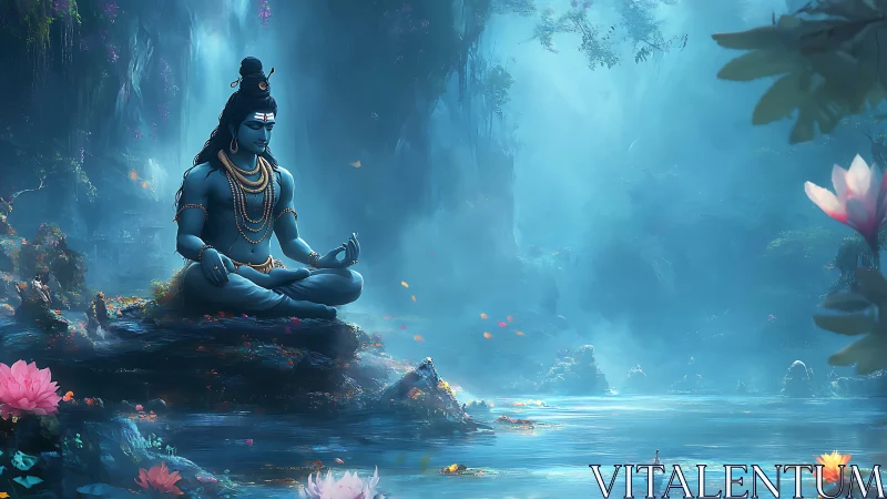 Serene blue deity meditates beside a luminous sacred river