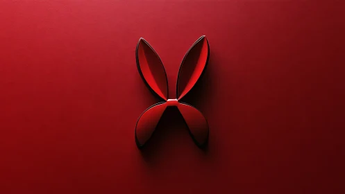 Red abstract butterfly emblem on textured red background.