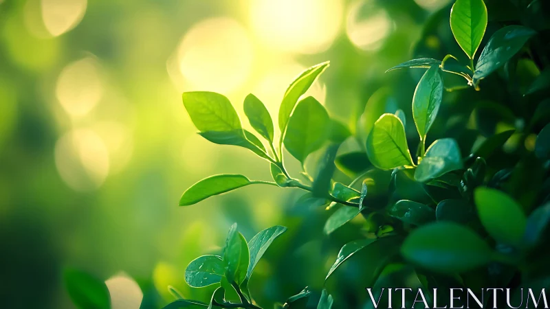 Sunlit Green Leaves in Nature with Soft Bokeh Background.