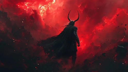 Demonic warlord silhouette amid turbulent infernal plasma field.