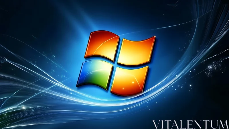 Glowing glass window logo floats over blue light trails