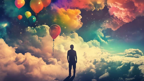 Silhouette Dreamer Wanders Through Balloon-Lit Cosmic Clouds.