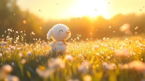 Cartoon creature stands in sunlit meadow of small flowers