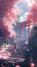 Girl climbs cherry blossom steps toward radiant torii gate.