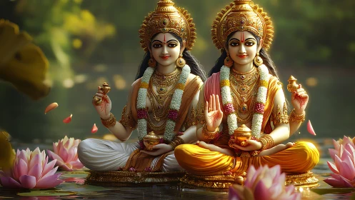 Twin golden goddesses on lotus lake with ceremonial kalash