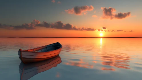 Single wooden rowboat floats on mirror-smooth sea at sunset