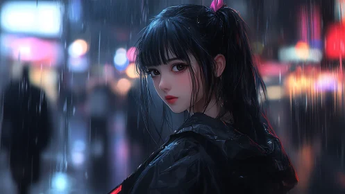Neon rain portrait of dark haired girl in reflective jacket.