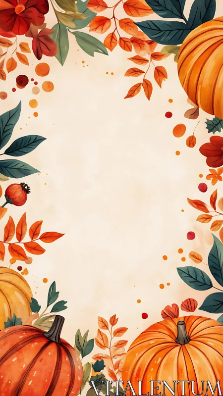 Vertical autumn border with pumpkins and foliage frame.