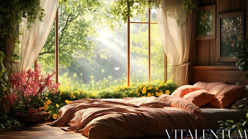 Sunlit bedroom opens onto lush flower garden sanctuary.