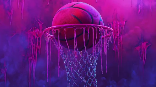 Neon basketball suspended in melting pink hoop haze.
