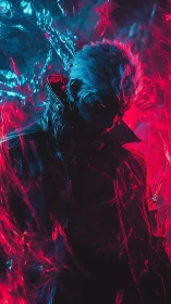 Neon-lit cyber warrior in high-contrast magenta cyan glow.