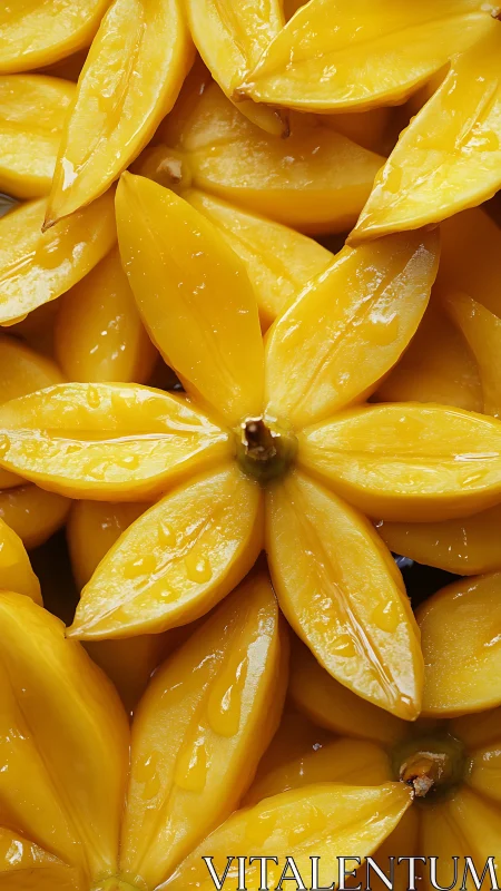 Radial macro study of wet yellow fruit segments in bloom.