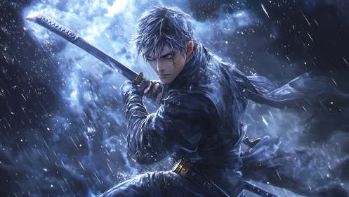 Storm-lit anime swordsman holds katana in dynamic combat stance