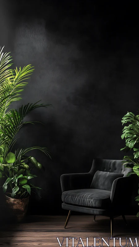 Photorealistic dark lounge with botanical accent seating arrangement.