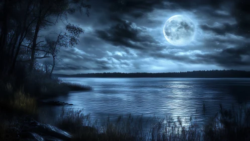 Moonlit forest shoreline under brooding nocturnal sky.