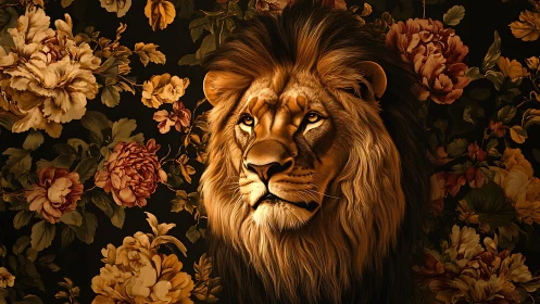 High-contrast lion portrait integrated with baroque floral pattern