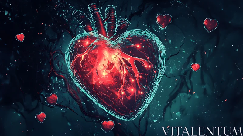 Luminescent Anatomical Heart With Pulsating Energy Streams. Digital Science Fiction Visualization.
