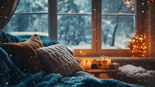 Snowy window glow and cozy candlelit winter retreat.