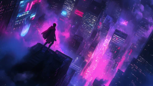 Lone figure surveys neon cyberpunk skyline in violet haze.