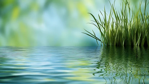 Tranquil pond with green grass and soft reflections, digital art.