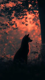 Backlit fox silhouette in dusk forest with warm bokeh glow.