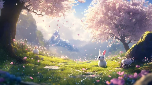 Gentle bunnies pause beneath dreamy cherry blossom trees