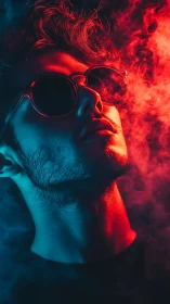 Moody neon portrait of a relaxed young man in cool shades.