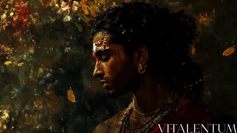 Contemplative profile portrait with gilded ritual adornment.