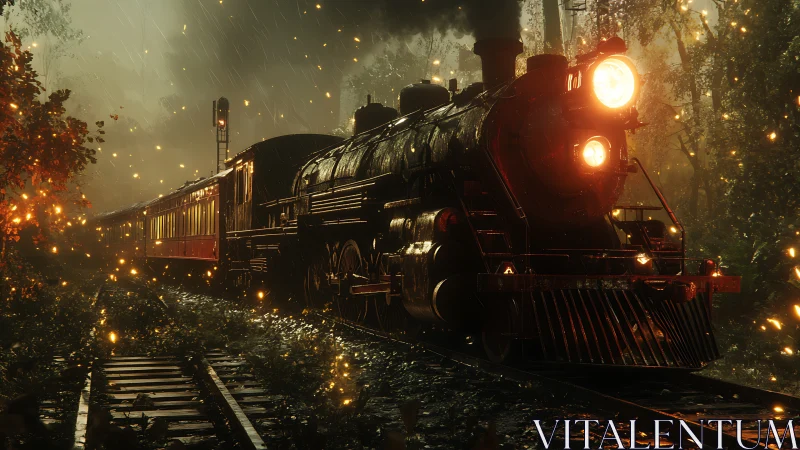 Midnight steam train glowing through a firefly forest.