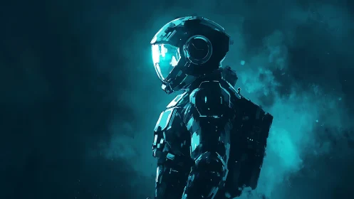 Futuristic astronaut profile in teal atmospheric digital painting.