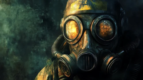 Postapocalyptic soldier in weathered gas mask stares ahead